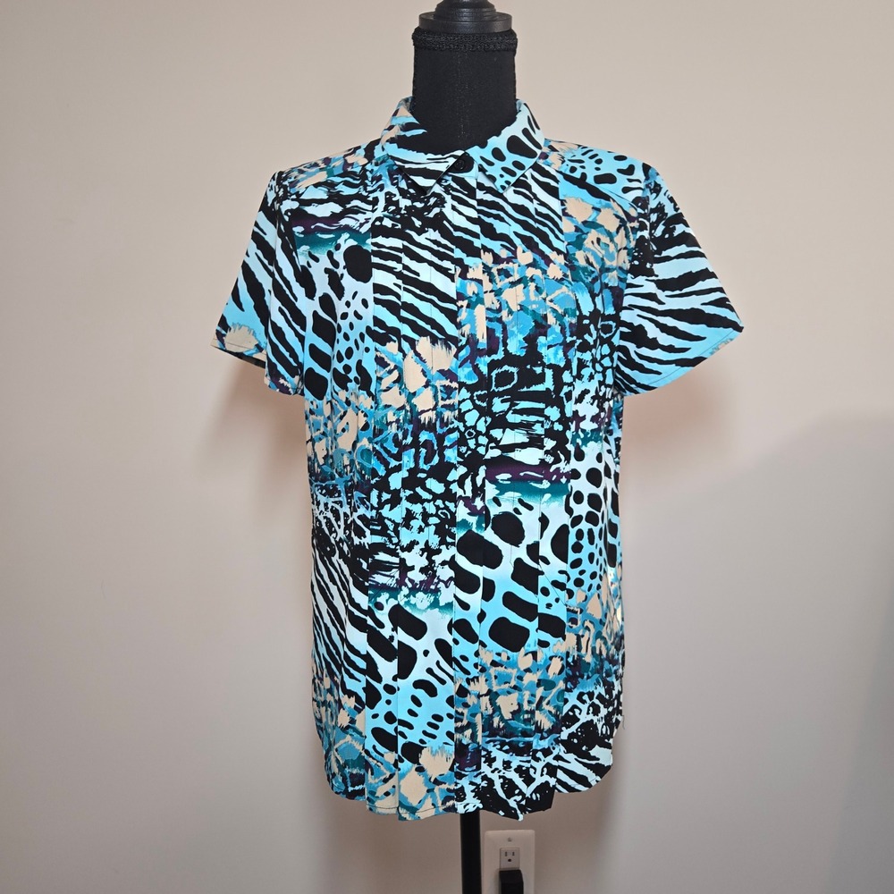 Dana Buchman Button Up Shirt Womens Medium Blue Pintuck Animal Print (T10) - Picture 7 of 7